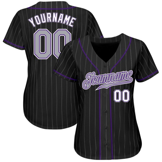 Maglia da baseball personalizzata autentica nera a righe grigio-viola Maglia da baseball personalizzata autentica nera a righe grigio-viola