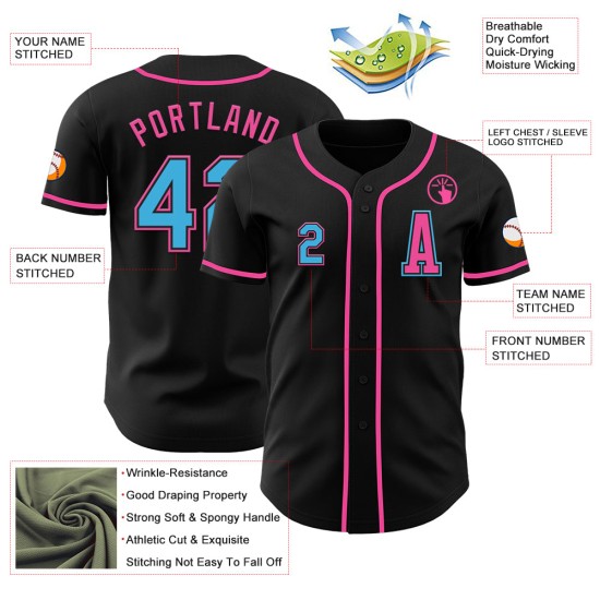 Maglia da baseball Sky personalizzata, autentica, blu-rosa e nera Maglia da baseball Sky personalizzata, autentica, blu-rosa e nera