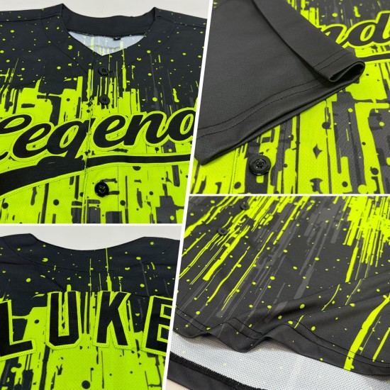 Maglia da baseball verde con motivo a schizzi neri personalizzati, autentica 3D, design neon Maglia da baseball verde con motivo a schizzi neri personalizzati, autentica 3D, design neon