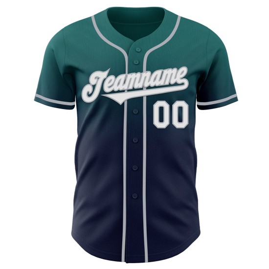 Maglia da baseball personalizzata autentica, blu navy-grigio, sfumata, verde acqua Maglia da baseball personalizzata autentica, blu navy-grigio, sfumata, verde acqua