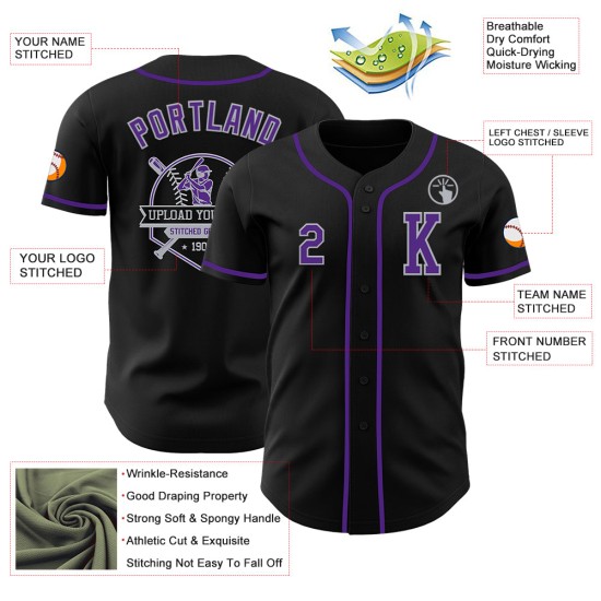 Maglia da baseball autentica nera viola-grigia personalizzata Maglia da baseball autentica nera viola-grigia personalizzata