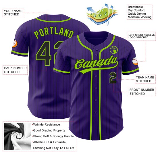 Maglia da baseball autentica, personalizzata, nera e viola, a righe verdi Maglia da baseball autentica, personalizzata, nera e viola, a righe verdi