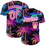 Maglia da baseball Hawaii 3D con motivo a palme rosa e bianche, motivo autentica spiaggia nera personalizzata Maglia da baseball Hawaii 3D con motivo a palme rosa e bianche, motivo autentica spiaggia nera personalizzata