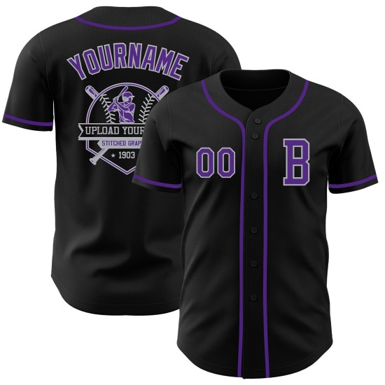 Maglia da baseball autentica nera viola-grigia personalizzata Maglia da baseball autentica nera viola-grigia personalizzata