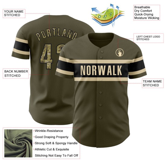 Maglia autentica da baseball personalizzata, colore mimetico nero-crema, colore Salute Olive Maglia autentica da baseball personalizzata, colore mimetico nero-crema, colore Salute Olive