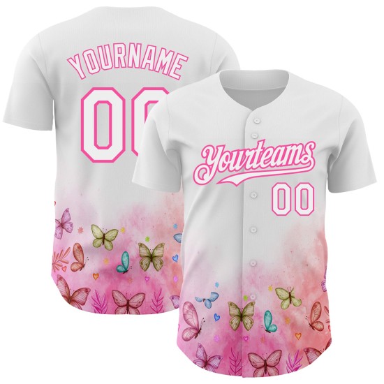 Maglia da baseball con farfalla, motivo 3D rosa, bianca, autentica e personalizzata Maglia da baseball con farfalla, motivo 3D rosa, bianca, autentica e personalizzata