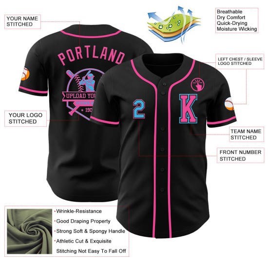 Maglia da baseball Sky personalizzata, autentica, blu-rosa e nera Maglia da baseball Sky personalizzata, autentica, blu-rosa e nera