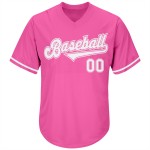 Maglia personalizzata rosa da baseball, maglia a costine autentica bianca e rosa, stile retrò Maglia personalizzata rosa da baseball, maglia a costine autentica bianca e rosa, stile retrò