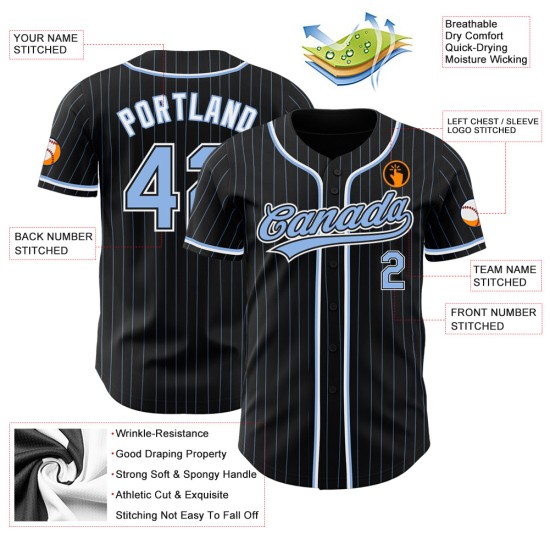 Maglia da baseball autentica Blue Light a righe blu-bianche personalizzata nera Maglia da baseball autentica Blue Light a righe blu-bianche personalizzata nera