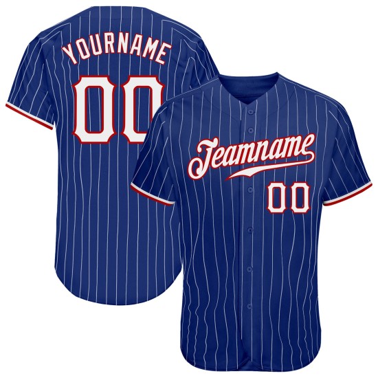 Maglia da baseball personalizzata Royal, bianca, a righe bianche e rosse, autentica Maglia da baseball personalizzata Royal, bianca, a righe bianche e rosse, autentica
