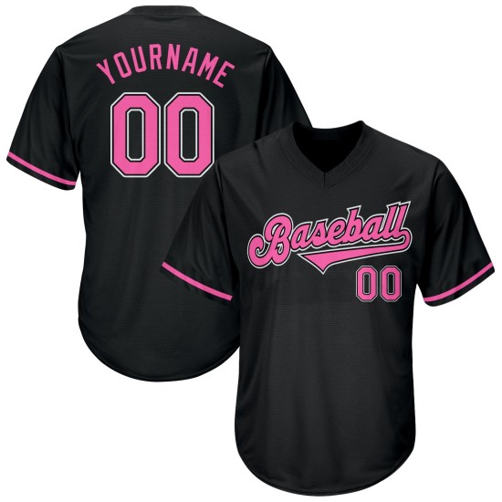 Maglietta da baseball rosa-bianca personalizzata autentica in maglia a coste nera retrò Maglietta da baseball rosa-bianca personalizzata autentica in maglia a coste nera retrò