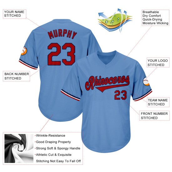 Maglia da baseball personalizzata a coste azzurra, rossa e blu navy, stile retrò Maglia da baseball personalizzata a coste azzurra, rossa e blu navy, stile retrò