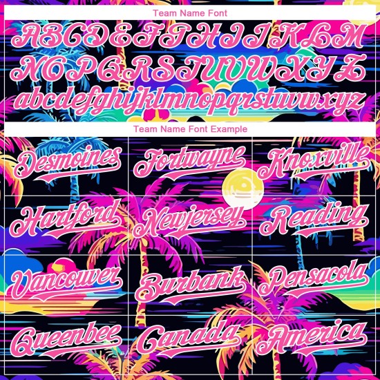 Maglia da baseball Hawaii 3D con motivo a palme rosa e bianche, motivo autentica spiaggia nera personalizzata Maglia da baseball Hawaii 3D con motivo a palme rosa e bianche, motivo autentica spiaggia nera personalizzata