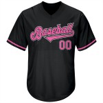Maglietta da baseball rosa-bianca personalizzata autentica in maglia a coste nera retrò Maglietta da baseball rosa-bianca personalizzata autentica in maglia a coste nera retrò