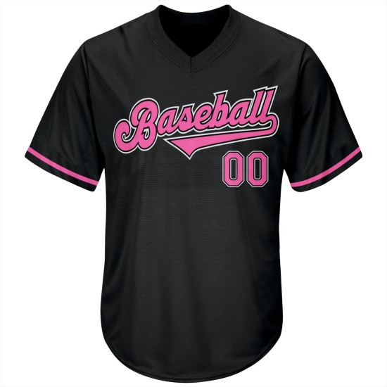 Maglietta da baseball rosa-bianca personalizzata autentica in maglia a coste nera retrò Maglietta da baseball rosa-bianca personalizzata autentica in maglia a coste nera retrò