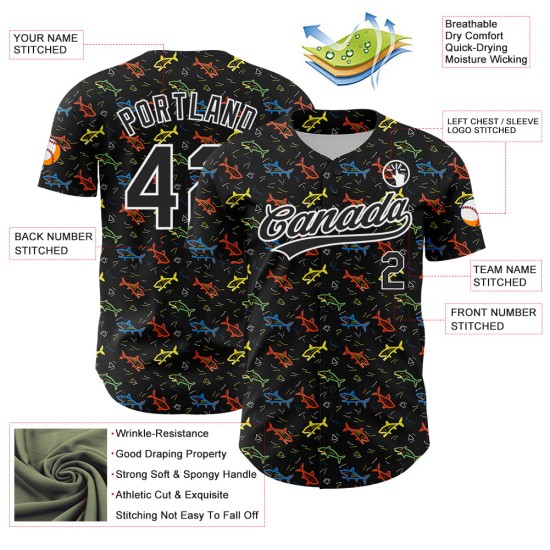 Maglia da baseball personalizzata con motivo 3D di pesce bianco e nero autentico di animali Maglia da baseball personalizzata con motivo 3D di pesce bianco e nero autentico di animali
