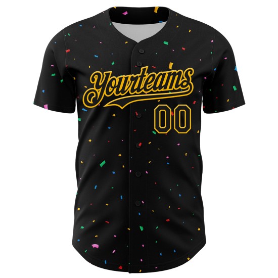Maglia da baseball con design autentico e coriandoli, motivo personalizzato in oro 3D e nero Maglia da baseball con design autentico e coriandoli, motivo personalizzato in oro 3D e nero