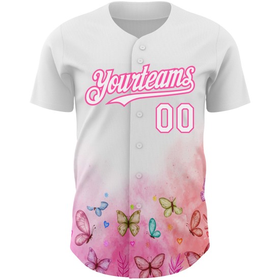 Maglia da baseball con farfalla, motivo 3D rosa, bianca, autentica e personalizzata Maglia da baseball con farfalla, motivo 3D rosa, bianca, autentica e personalizzata