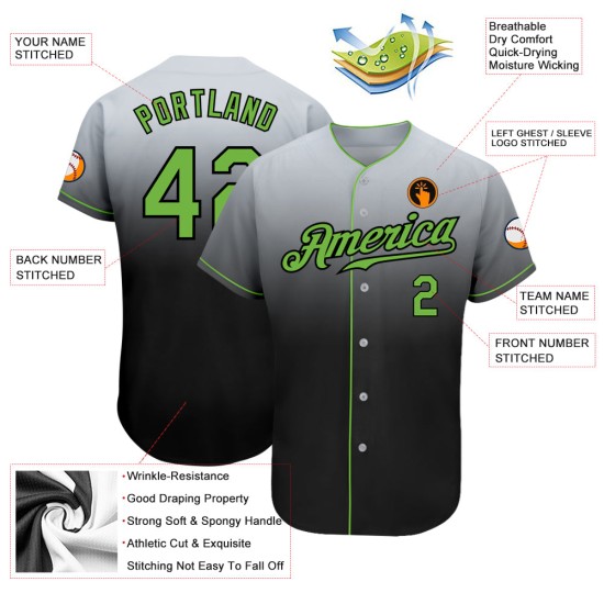 Maglia da baseball personalizzata, autentica, verde-nera, sfumata al neon, grigio Maglia da baseball personalizzata, autentica, verde-nera, sfumata al neon, grigio