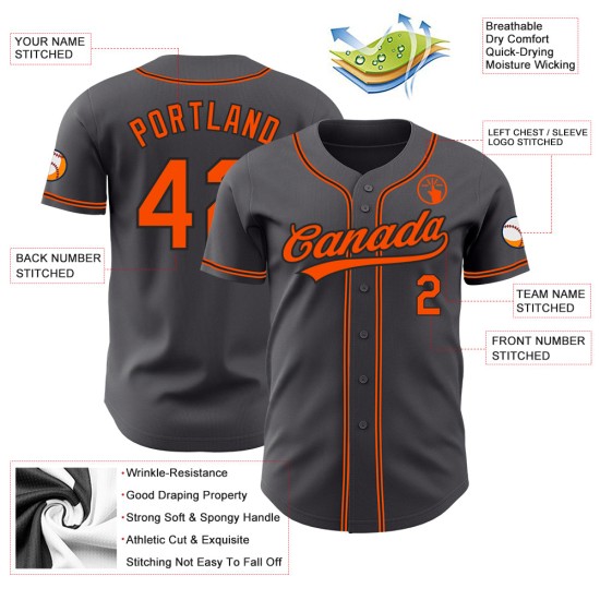 Maglia da baseball personalizzata autentica in acciaio arancione-nera grigia Maglia da baseball personalizzata autentica in acciaio arancione-nera grigia