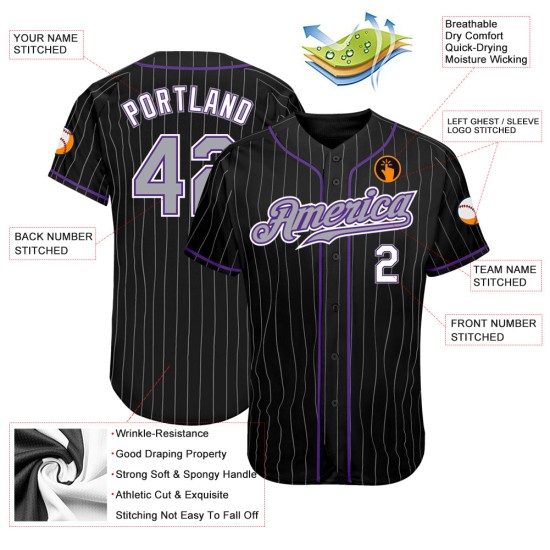 Maglia da baseball personalizzata autentica nera a righe grigio-viola Maglia da baseball personalizzata autentica nera a righe grigio-viola