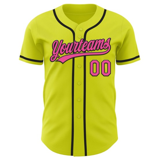 Maglia da baseball autentica rosa neon-nera gialla personalizzata Maglia da baseball autentica rosa neon-nera gialla personalizzata