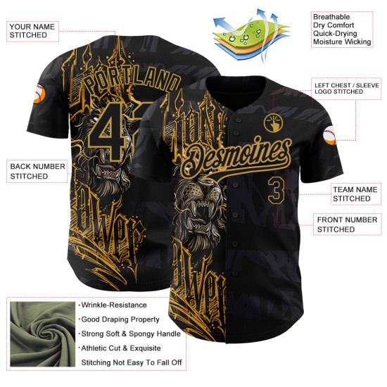 Maglia da baseball con motivo nero, design 3D autentico, personalizzata, leone dorato, vecchio Maglia da baseball con motivo nero, design 3D autentico, personalizzata, leone dorato, vecchio