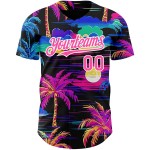 Maglia da baseball Hawaii 3D con motivo a palme rosa e bianche, motivo autentica spiaggia nera personalizzata Maglia da baseball Hawaii 3D con motivo a palme rosa e bianche, motivo autentica spiaggia nera personalizzata