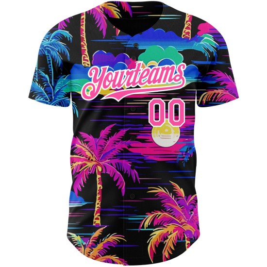 Maglia da baseball Hawaii 3D con motivo a palme rosa e bianche, motivo autentica spiaggia nera personalizzata Maglia da baseball Hawaii 3D con motivo a palme rosa e bianche, motivo autentica spiaggia nera personalizzata