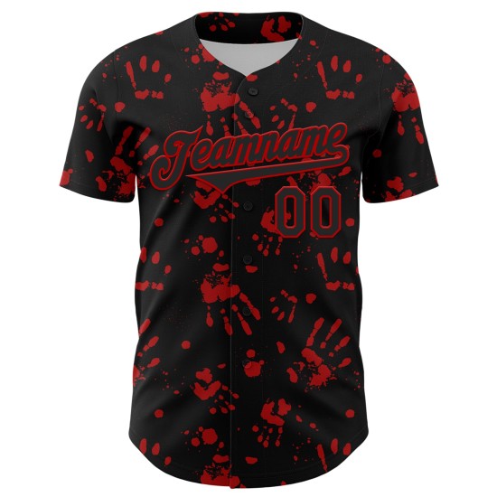 Maglia da baseball autentica, personalizzata, rossa e nera, con impronta di mano, design 3D, Bloody Rave Maglia da baseball autentica, personalizzata, rossa e nera, con impronta di mano, design 3D, Bloody Rave