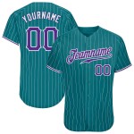 Maglia da baseball bianca autentica personalizzata color verde acqua, a righe viola-bianche Maglia da baseball bianca autentica personalizzata color verde acqua, a righe viola-bianche