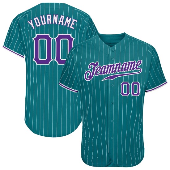 Maglia da baseball bianca autentica personalizzata color verde acqua, a righe viola-bianche Maglia da baseball bianca autentica personalizzata color verde acqua, a righe viola-bianche