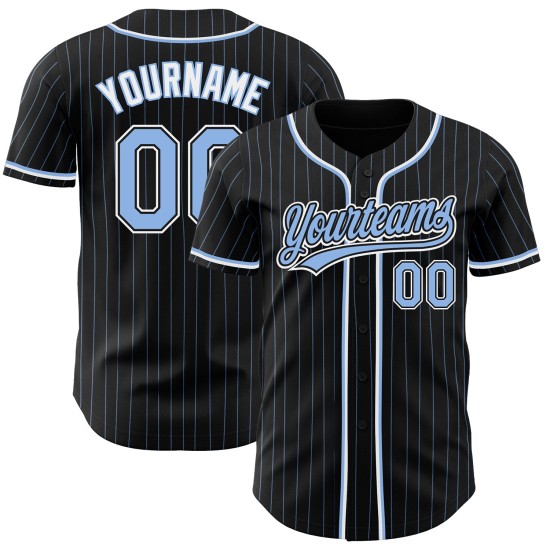 Maglia da baseball autentica Blue Light a righe blu-bianche personalizzata nera Maglia da baseball autentica Blue Light a righe blu-bianche personalizzata nera