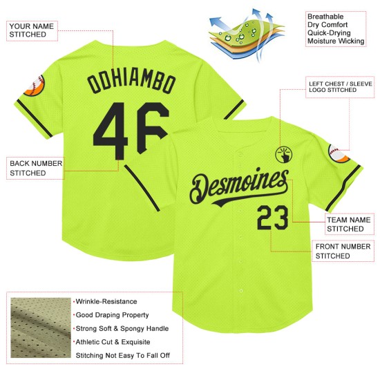 Maglia da baseball Neon Mesh verde personalizzata, autentica, nera retrò Maglia da baseball Neon Mesh verde personalizzata, autentica, nera retrò