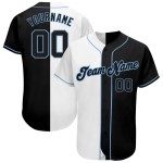 Maglia da baseball personalizzata blu chiaro, bianca e nera, autentica, stile split Maglia da baseball personalizzata blu chiaro, bianca e nera, autentica, stile split