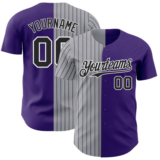 Maglia da baseball a righe viola grigia e nera personalizzata, autentica Maglia da baseball a righe viola grigia e nera personalizzata, autentica