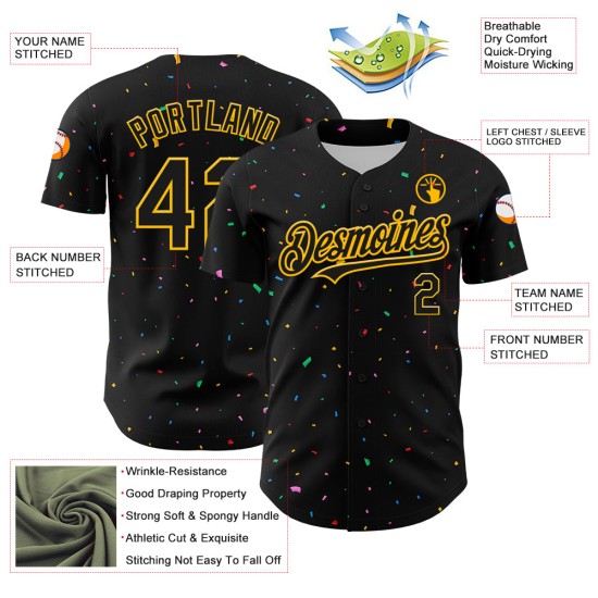 Maglia da baseball con design autentico e coriandoli, motivo personalizzato in oro 3D e nero Maglia da baseball con design autentico e coriandoli, motivo personalizzato in oro 3D e nero