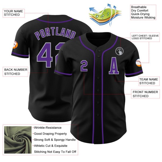 Maglia da baseball autentica nera viola-grigia personalizzata Maglia da baseball autentica nera viola-grigia personalizzata