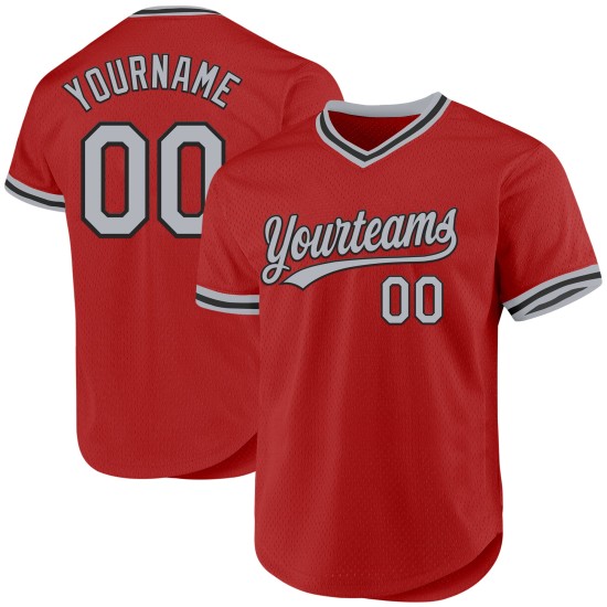 Maglia da baseball personalizzata autentica rossa, grigia e nera, stile retrò Maglia da baseball personalizzata autentica rossa, grigia e nera, stile retrò