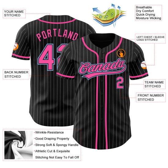 Maglia da baseball personalizzata autentica nera blu con strisce bianche e rosa chiaro Maglia da baseball personalizzata autentica nera blu con strisce bianche e rosa chiaro