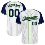 Maglia da baseball autentica personalizzata, a righe bianche, verdi, blu navy e neon, con maniche raglan, blu navy Maglia da baseball autentica personalizzata, a righe bianche, verdi, blu navy e neon, con maniche raglan, blu navy