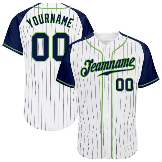 Maglia da baseball autentica personalizzata, a righe bianche, verdi, blu navy e neon, con maniche raglan, blu navy Maglia da baseball autentica personalizzata, a righe bianche, verdi, blu navy e neon, con maniche raglan, blu navy