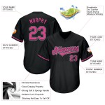 Maglietta da baseball rosa-bianca personalizzata autentica in maglia a coste nera retrò Maglietta da baseball rosa-bianca personalizzata autentica in maglia a coste nera retrò