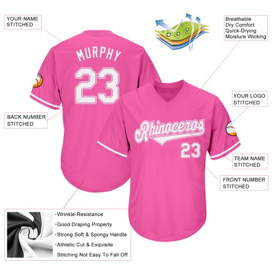 Maglia personalizzata rosa da baseball, maglia a costine autentica bianca e rosa, stile retrò Maglia personalizzata rosa da baseball, maglia a costine autentica bianca e rosa, stile retrò