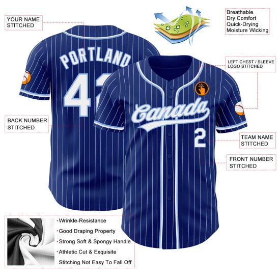 Maglia da baseball autentica Royal Pinstripe blu bianca bianca-chiara personalizzata Maglia da baseball autentica Royal Pinstripe blu bianca bianca-chiara personalizzata