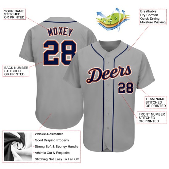 Maglia da baseball personalizzata autentica blu navy-arancione grigia Maglia da baseball personalizzata autentica blu navy-arancione grigia