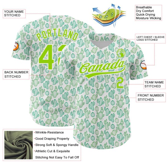 Maglia da baseball verde 3D bianca con design autentico e motivo personalizzato, motivo neon cactus. Maglia da baseball verde 3D bianca con design autentico e motivo personalizzato, motivo neon cactus.