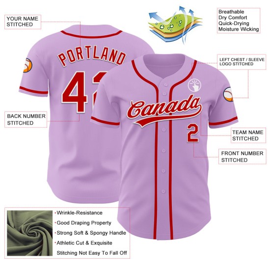 Maglia da baseball viola autentica personalizzata rosso chiaro-bianca Maglia da baseball viola autentica personalizzata rosso chiaro-bianca