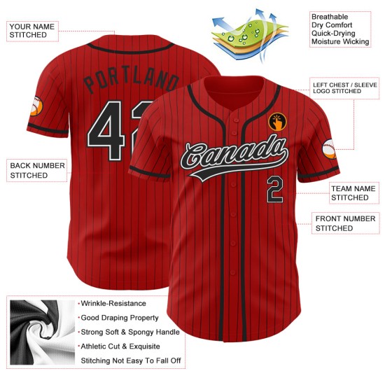 Maglia da baseball personalizzata a righe nere e bianche autentiche nere e rosse Maglia da baseball personalizzata a righe nere e bianche autentiche nere e rosse