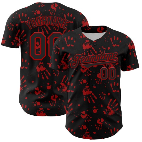 Maglia da baseball autentica, personalizzata, rossa e nera, con impronta di mano, design 3D, Bloody Rave Maglia da baseball autentica, personalizzata, rossa e nera, con impronta di mano, design 3D, Bloody Rave
